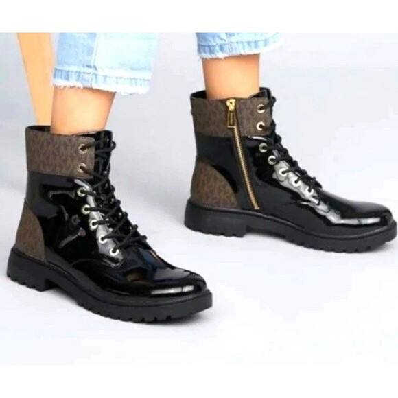 MICHAEL KORS womens Aliatair Bootie classic combat black /brown size 9 - Picture 1 of 12